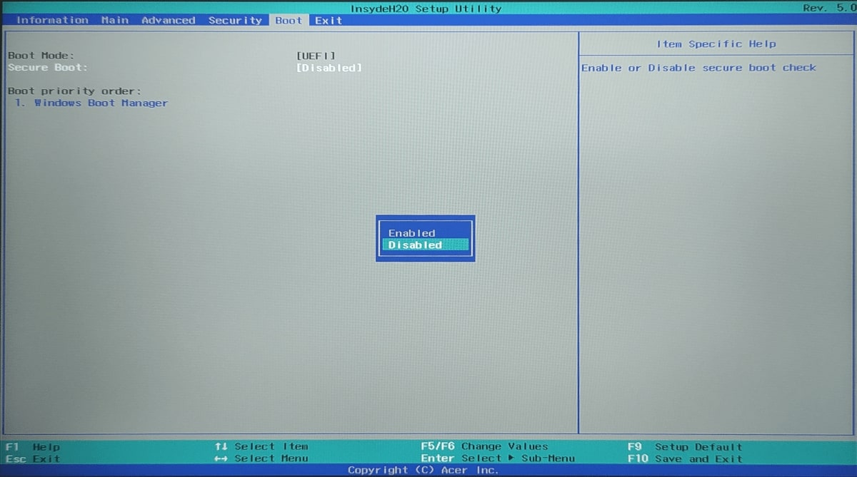 Отключение Security Boot в BIOS ноутбука Acer