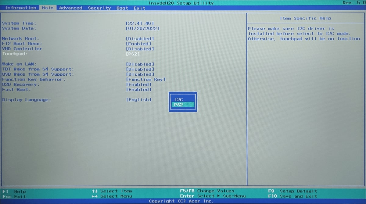 Изменение режима работы Touchpad в BIOS ноутбука Acer