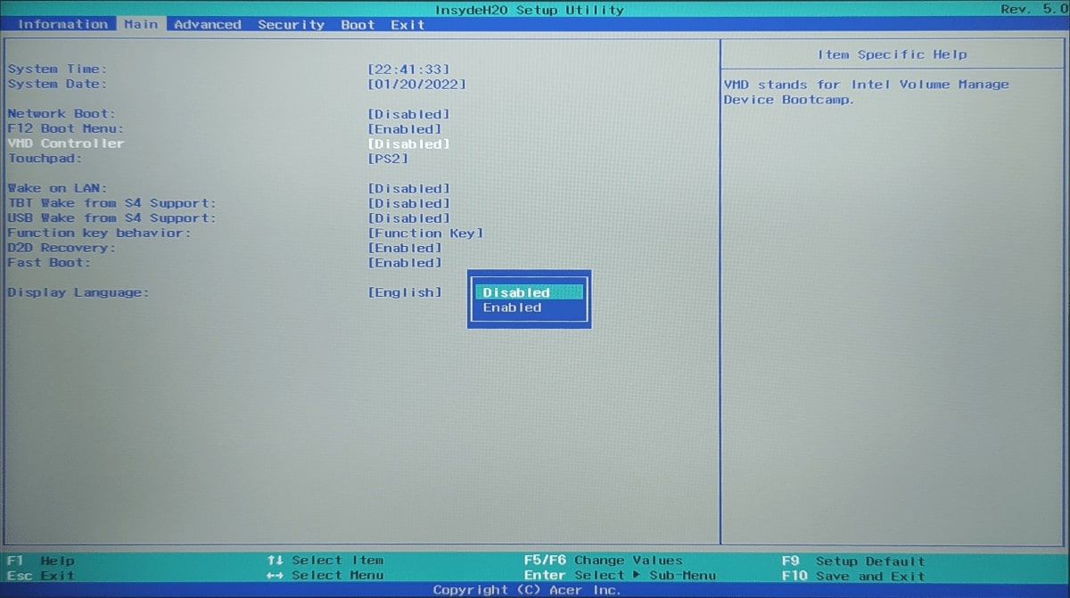 Отключение VMD Controller в BIOS ноутбука Acer